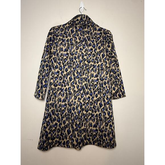 Tyler Boe XS Cowl Neck Blue Tan Leopard Print Dress 3/4 length Sleeved - Picture 2 of 8